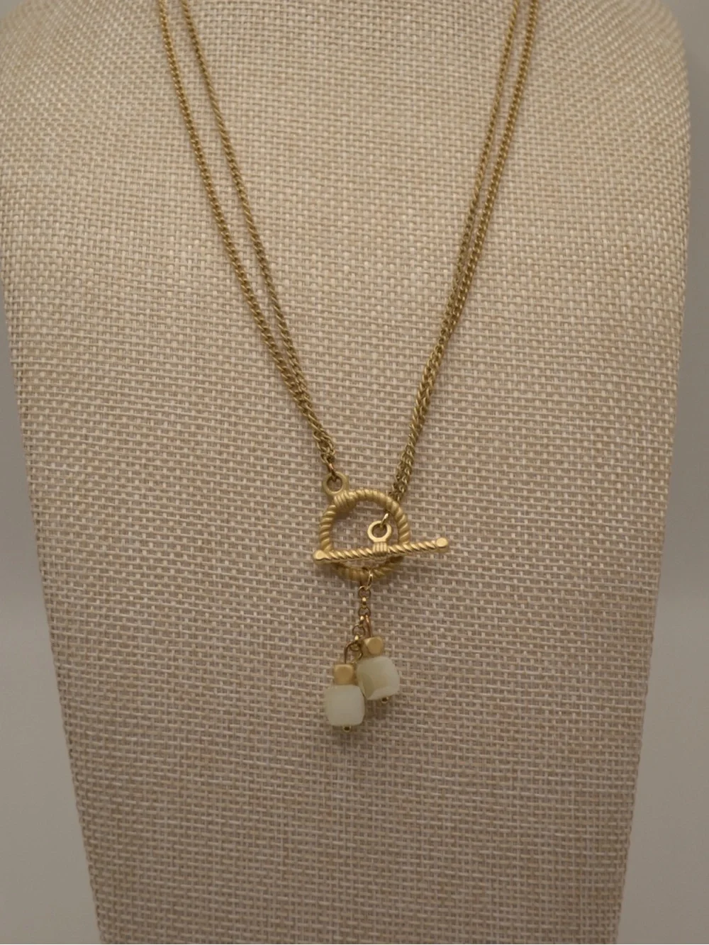Gold Toggle Double Chain Necklace with Cream and Gold Bead Drops